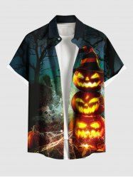 Plus Size Halloween Pumpkin Hat Tree Crow Cross Print Buttons Pocket Shirt For Men -  