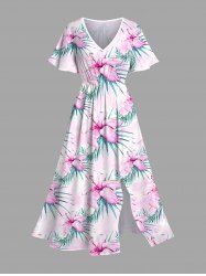 Plus Size Hibiscus Flowers Tropical Leaf Print Split Hawaii Midi Dress -  