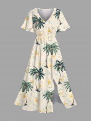 Plus Size Coconut Tree Flowers Tropical Leaf Print Split Hawaii Midi Dress -  