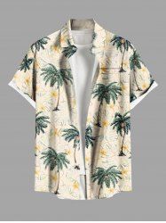 Plus Size Coconut Tree Flowers Tropical Leaf Print Buttons Pocket Hawaii Shirt For Men -  