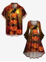 Halloween Pumpkin Moon Crow Bowknot Squirrel Raccoon Print Plus Size Matching Outfit For Couples -  
