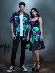Halloween Skeleton Heart Letters Print Plus Size Matching Outfit For Couples -  