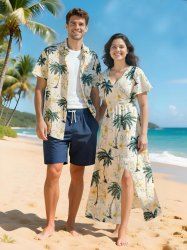 Coconut Tree Flowers Tropical Leaf Print Plus Size Matching Hawaii Beach Outfit For Couples -  