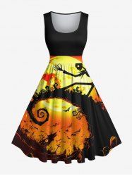Plus Size Glitter Moon Bat Castle Spiral Tree Skull Print Halloween Vintage Swing A Line Dress -  