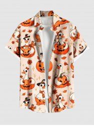 Plus Size Cute Pumpkin Goose Flower Stars Print Halloween Button Pocket Shirt For Men -  