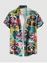Plus Size Flowers Tropical Leaf Raccoon Print Buttons Pocket Hawaii Shirt For Men -  