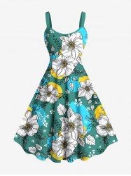 Plus Size Flowers Leaf Colorblock Print Hawaii Tank Dress -  