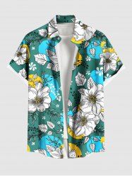 Plus Size Flowers Leaf Colorblock Print Buttons Pocket Hawaii Shirt For Men -  