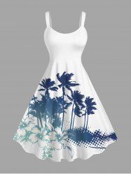 Plus Size Coconut Tree Hibiscus Flowers Leaf Print Hawaii Tank Dress -  
