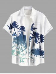 Chemise hawaïenne grande taille à imprimé cocotier, fleurs d'hibiscus et feuilles, boutons et poches pour homme - Blanc 3XL