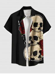 Plus Size Halloween Skulls Rose Flowers Print Buttons Pocket Shirt For Men -  