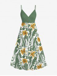 Plus Size Flowers Leaf Print Surplice Hawaii Cami Dress -  