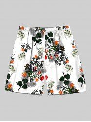 Short de plage hawaïen grande taille à imprimé feuilles tropicales et fleurs, avec cordon de serrage, pour homme - Blanc L