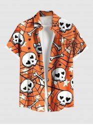 Plus Size Skull Bone Spider Web Star Print Halloween Button Pocket Shirt For Men -  