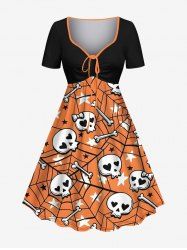 Robe trapèze cintrée grande taille à imprimé tête de mort, os, toile d'araignée et étoiles pour Halloween - Noir 1X