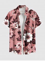 Plus Size Flower Leaf Branch Print Hawaii Button Pocket Shirt For Men -  
