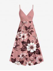 Plus Size Flower Leaf Branch Print Hawaii Surplice A Line Cami Dress -  