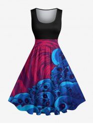 Robe trapèze vintage grande taille à imprimé tête de mort et grotte pour Halloween - Noir S