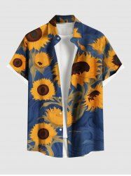 Chemise hawaïenne grande taille à imprimé tournesol et poches boutonnées pour homme - Bleu 6XL
