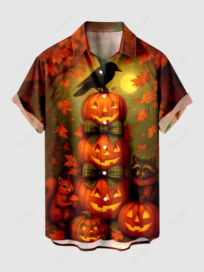 Affordable Plus Size Halloween Pumpkin Moon Crow Bowknot Squirrel  Raccoon Print Buttons Pocket Shirt For Men  