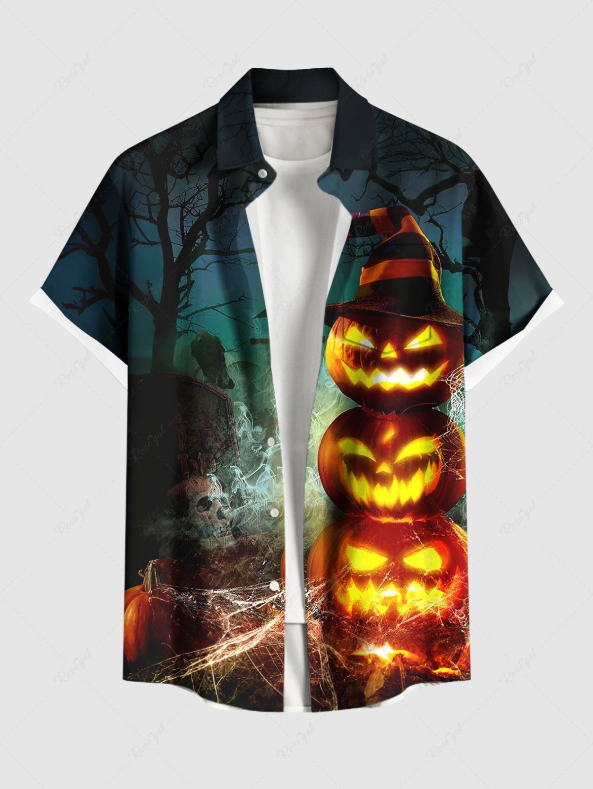 Chemise grande taille pour homme avec imprimé citrouille, chapeau, arbre, corbeau, croix, boutons et poche Noir 6XL