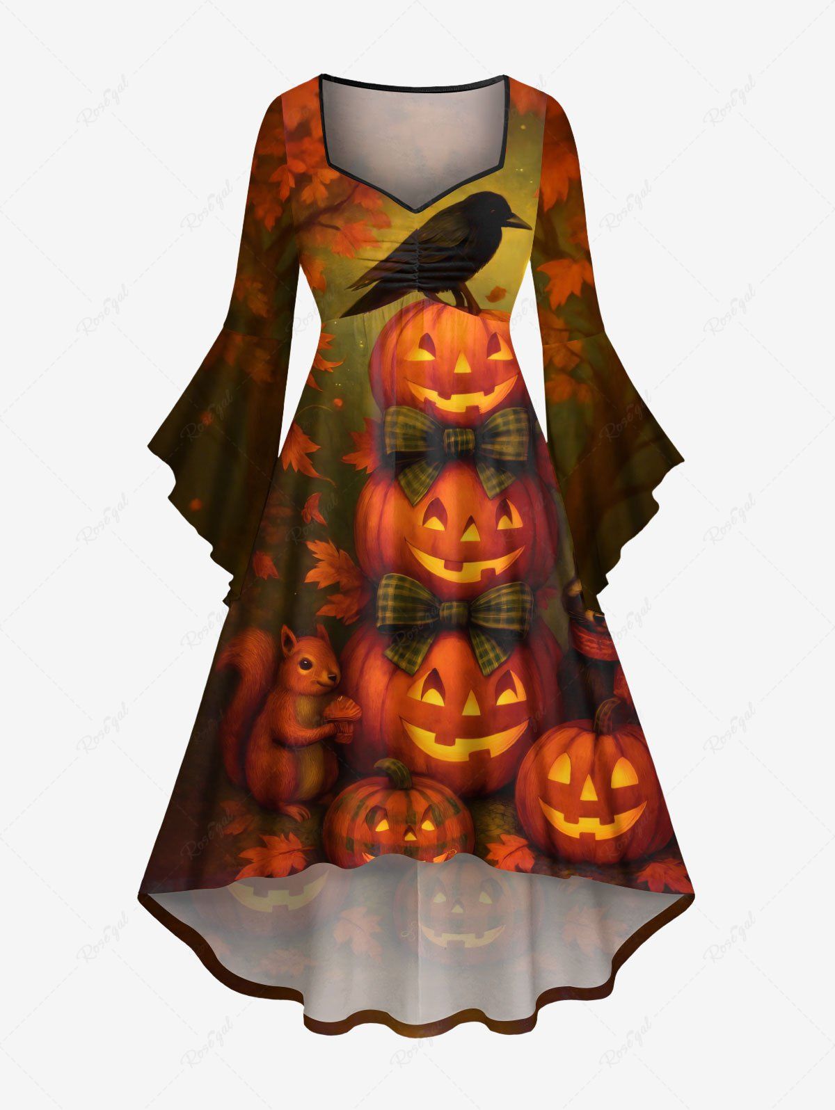 Affordable Plus Size Halloween Pumpkin Moon Crow Bowknot Squirrel  Raccoon Print Flare Sleeve Ruched High Low Dress  