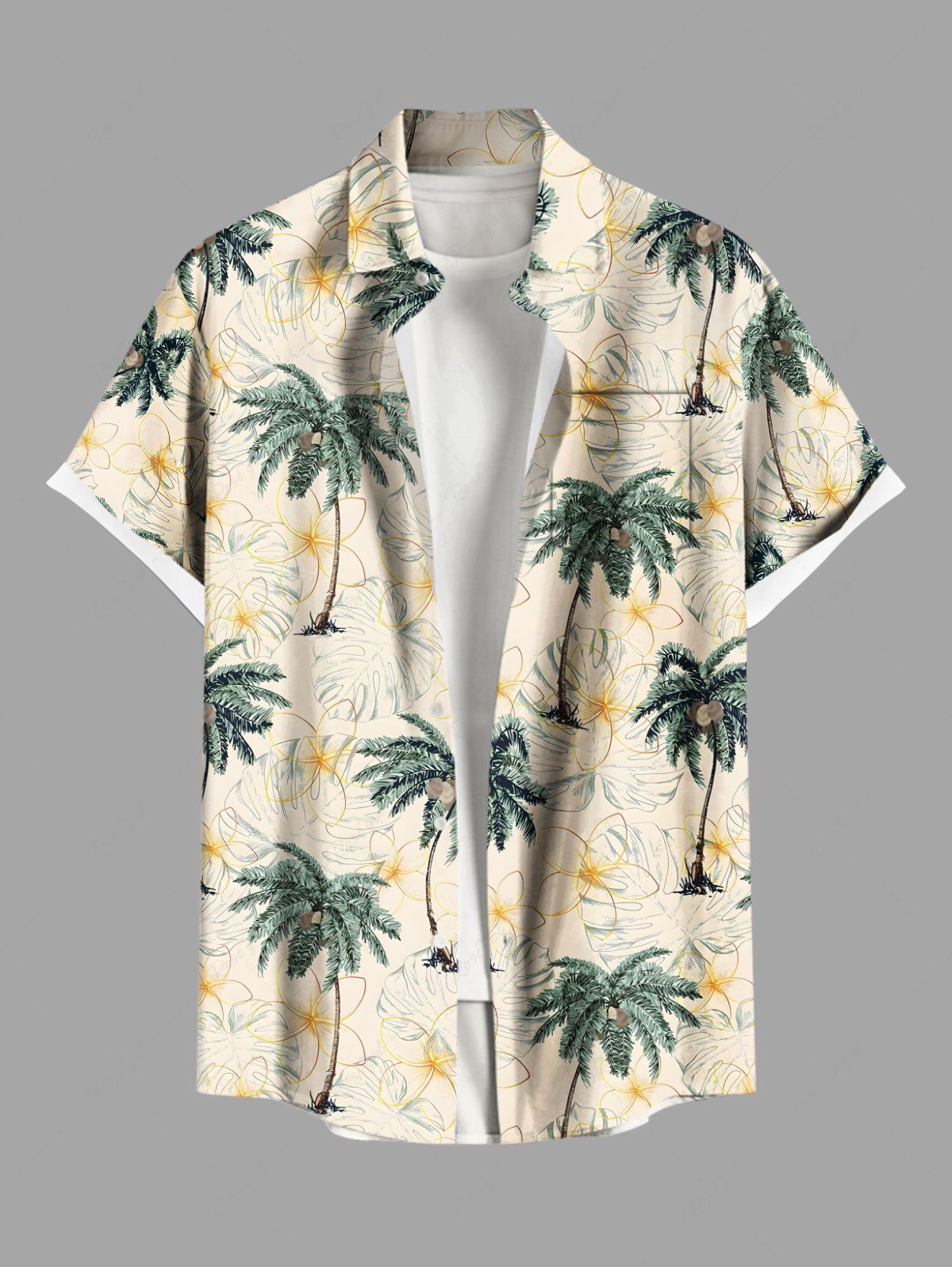 Chemise hawaïenne grande taille à imprimé feuilles tropicales et fleurs de cocotiers, boutons et poches pour homme Abricot L