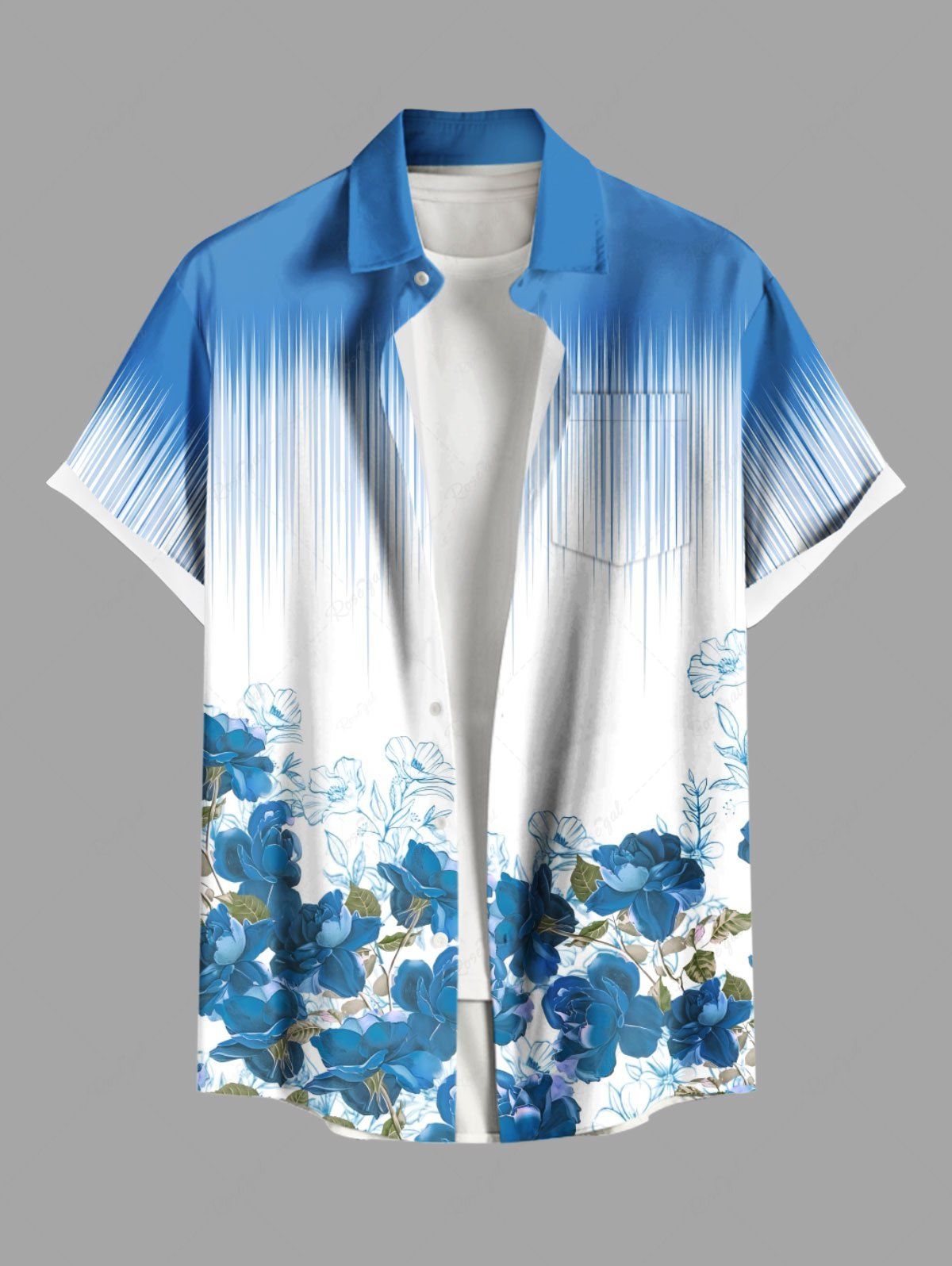 Store Plus Size Flowers Leaf Ombre Print Buttons Pocket Hawaii Shirt For Men  