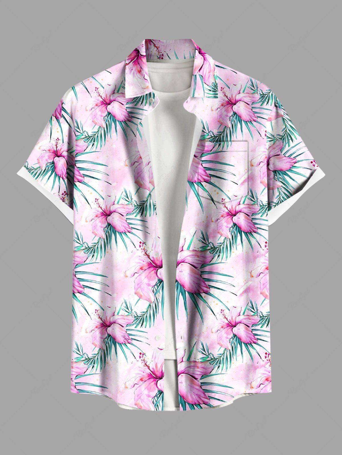 Chemise hawaïenne grande taille à imprimé feuilles tropicales et fleurs d'hibiscus, avec poches et boutons, pour homme Rose clair L
