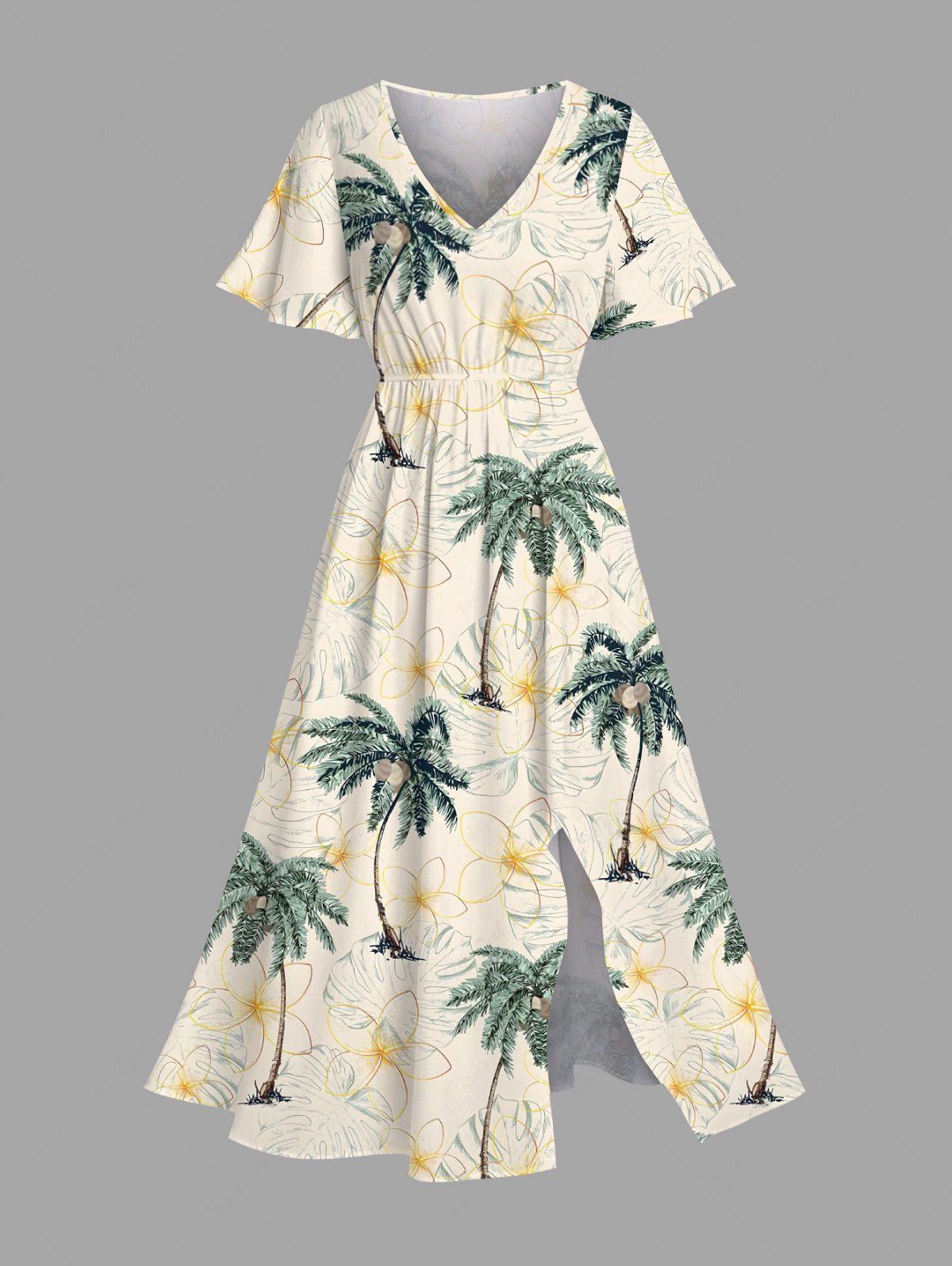 Robe mi-longue hawaïenne fendue grande taille à imprimé feuilles tropicales et fleurs de cocotier Abricot XXS
