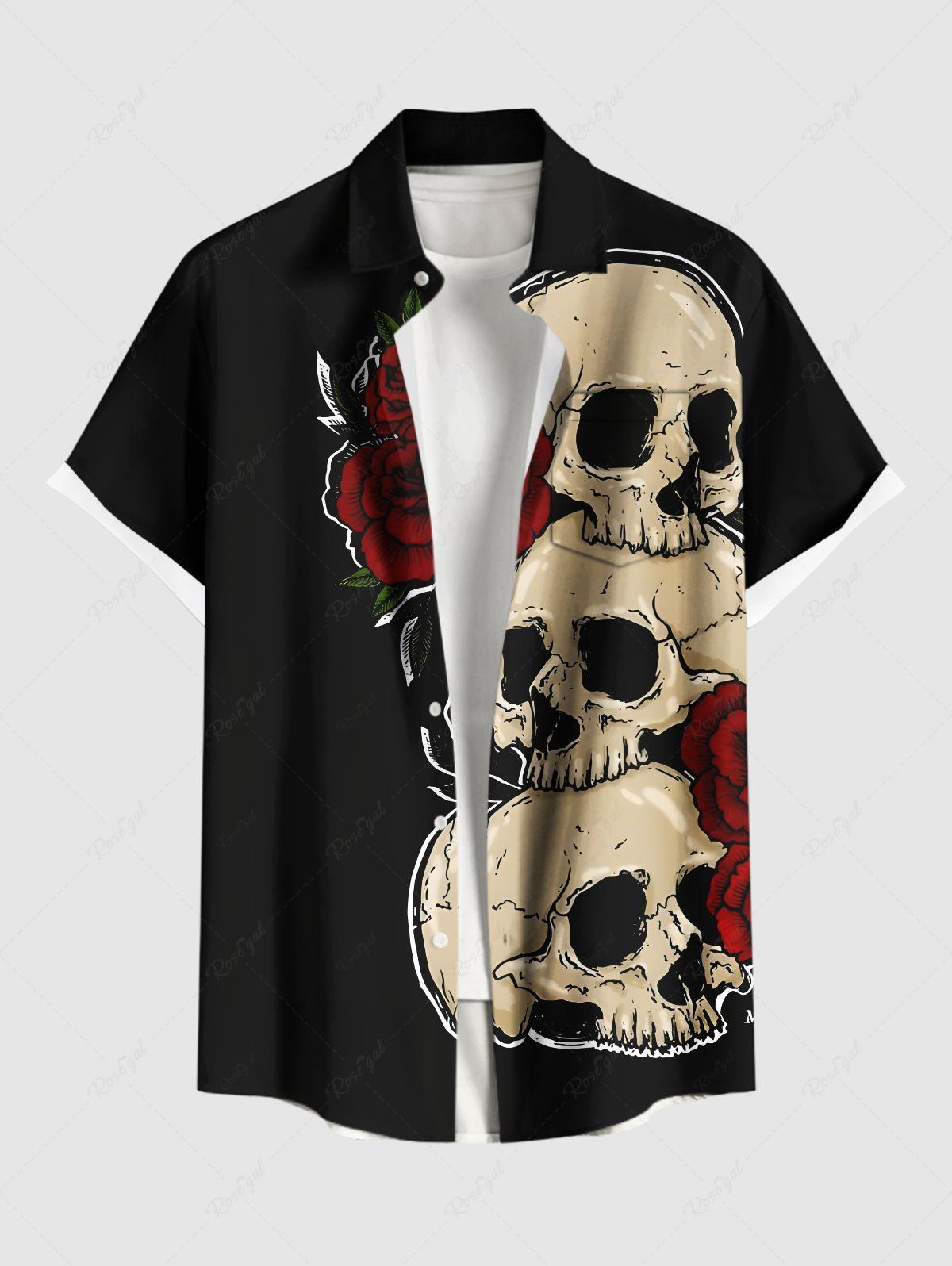Chemise grande taille à boutons et poches pour homme, motif tête de mort, roses et fleurs d'Halloween Noir 5XL