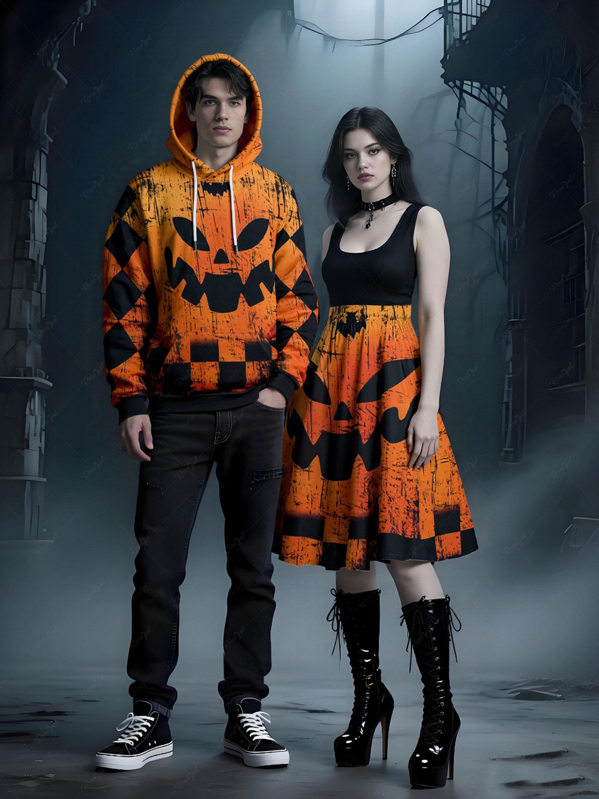 Tenue assortie grande taille à carreaux et imprimé citrouille d'Halloween pour couples Orange 