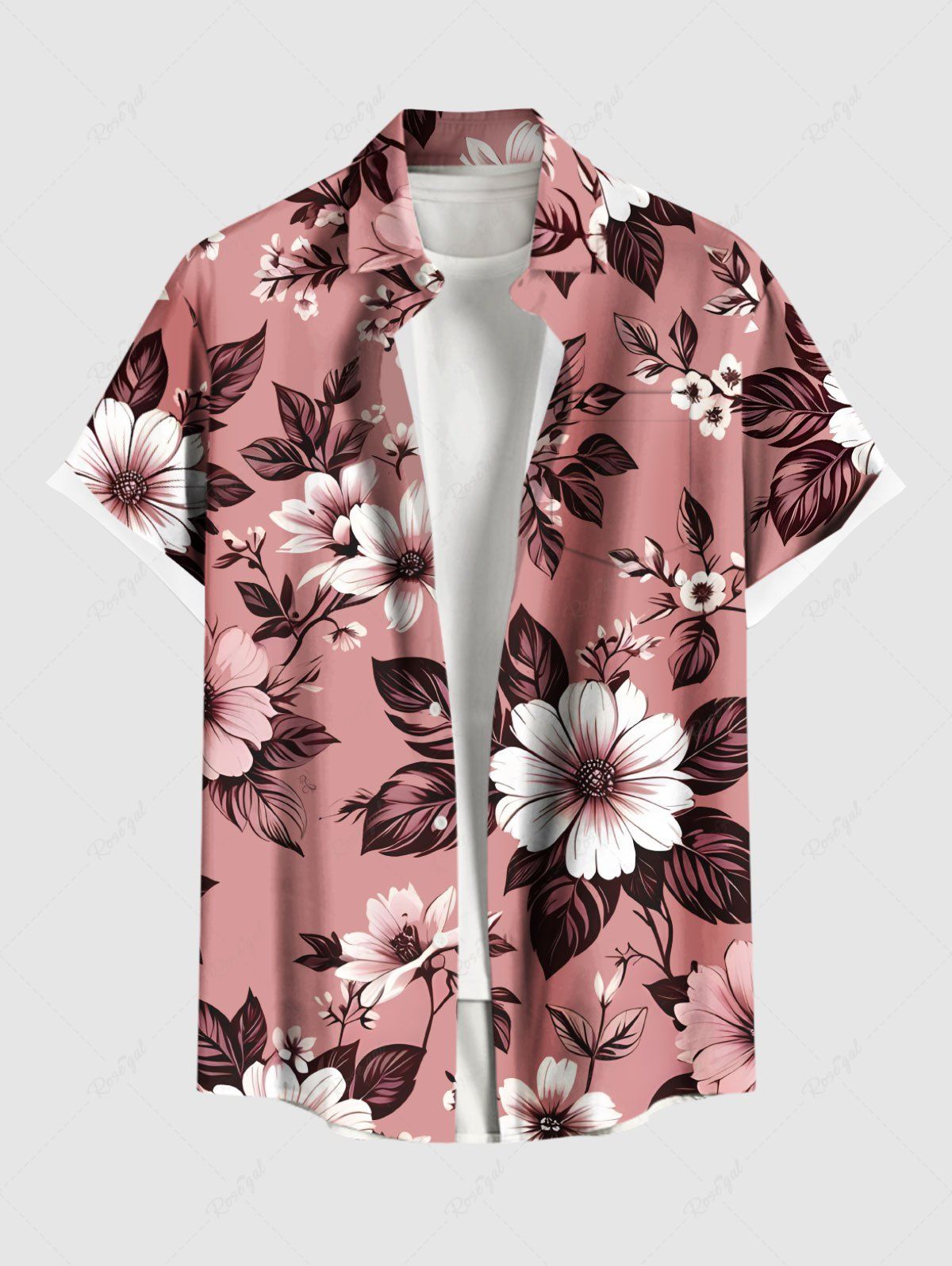 Online Plus Size Flower Leaf Branch Print Hawaii Button Pocket Shirt For Men  