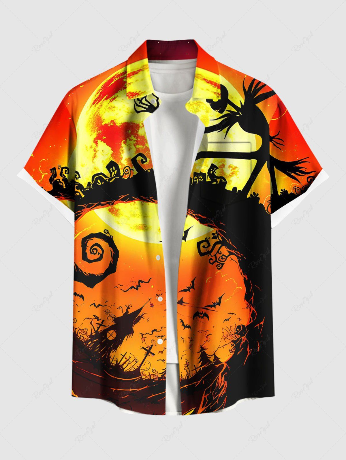 Chemise grande taille à imprimé tête de mort et lune scintillante, chauve-souris, château, arbre en spirale, boutons d'Halloween, poche pour homme Orange 4XL