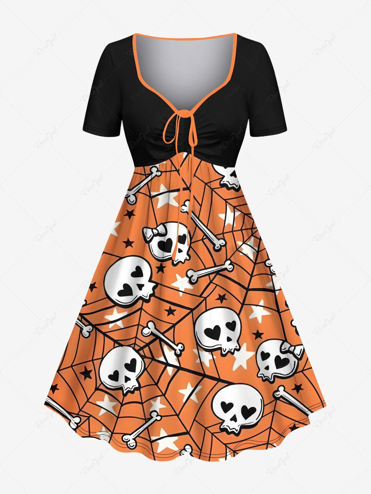 Shop Plus Size Skull Bone Spider Web Star Print Halloween Cinched A Line Dress  