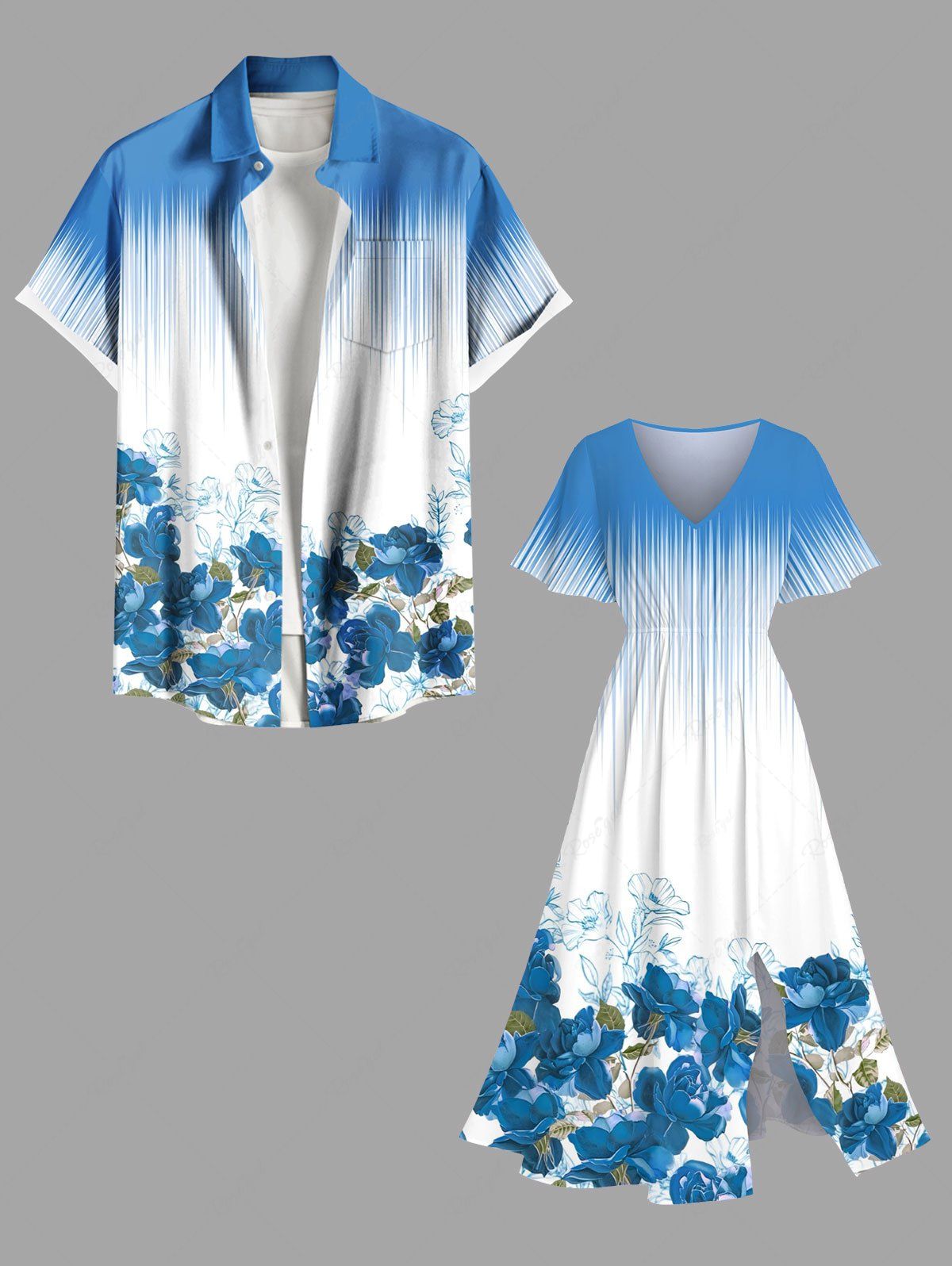 Hot Flowers Leaf Ombre Print Plus Size Matching Hawaii Beach Outfit For Couples  