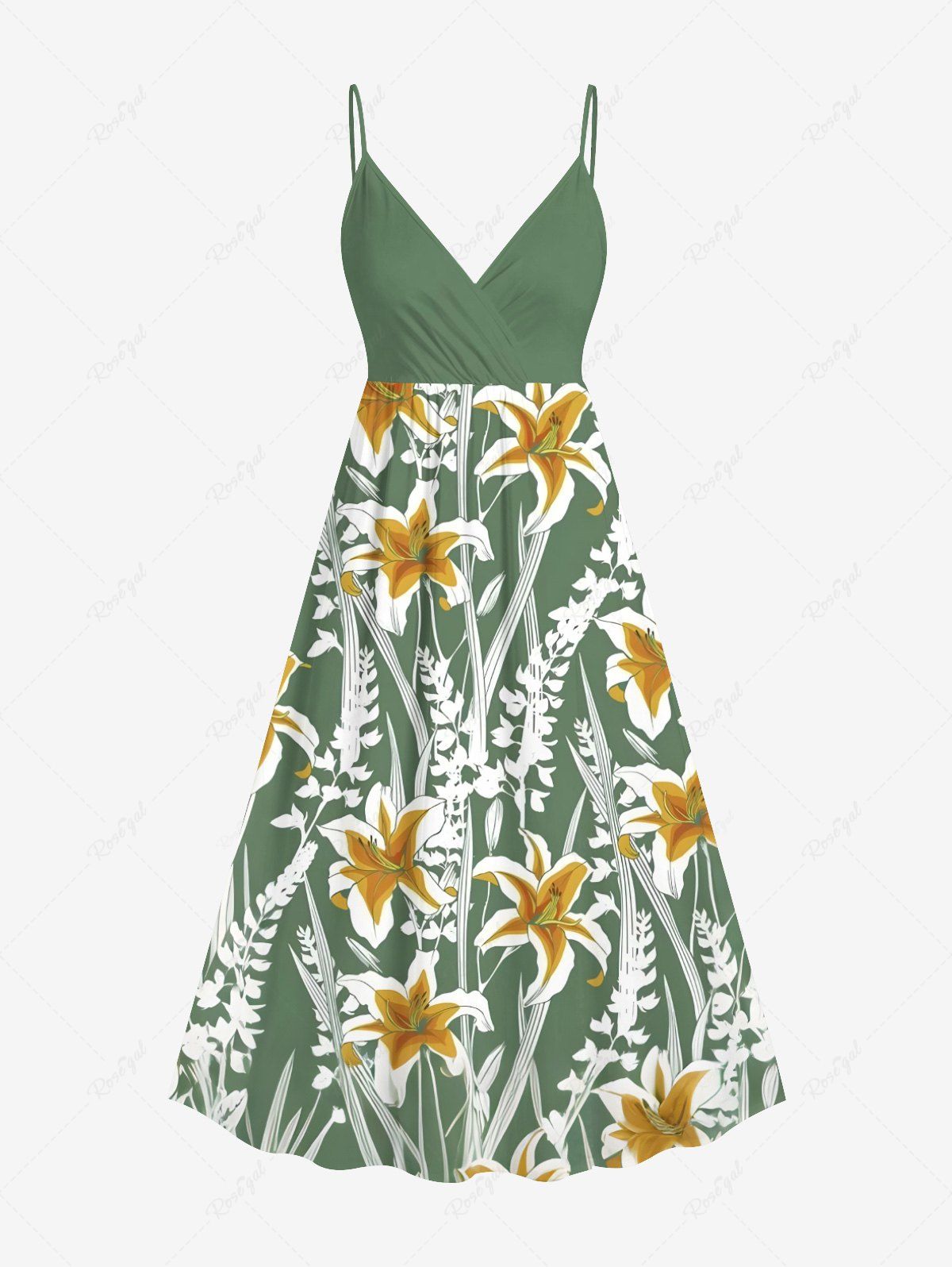 Plus Size Flowers Leaf Print Surplice Hawaii Cami Dress Vert 6X