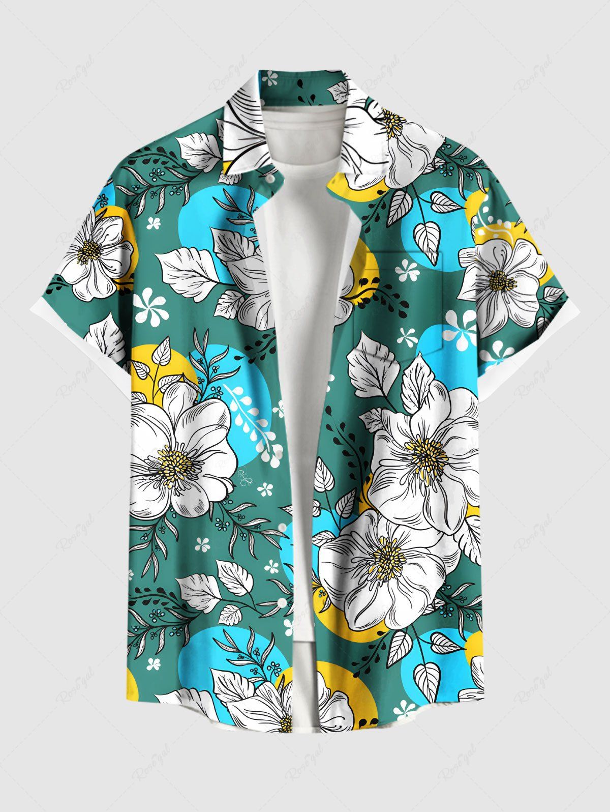 Sale Plus Size Flowers Leaf Colorblock Print Buttons Pocket Hawaii Shirt For Men  