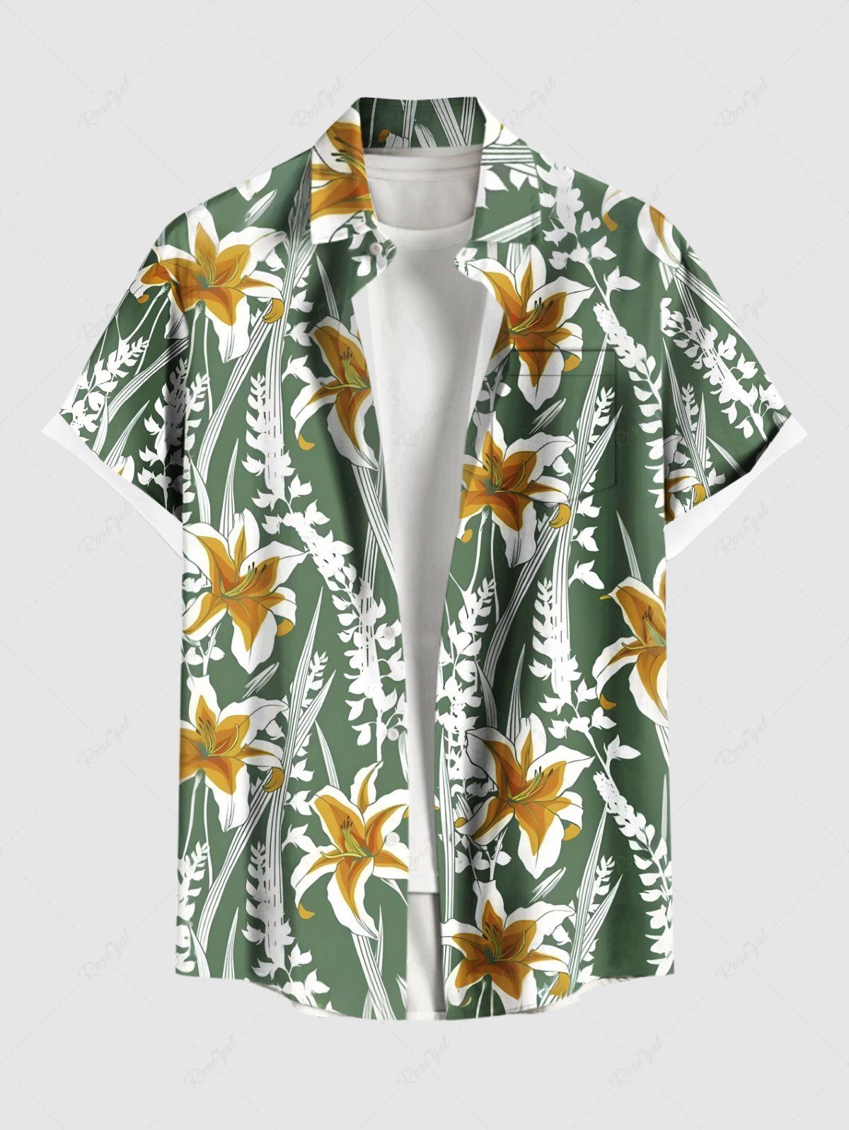 Latest Plus Size Flowers Leaf Print Buttons Pocket Hawaii Shirt For Men  