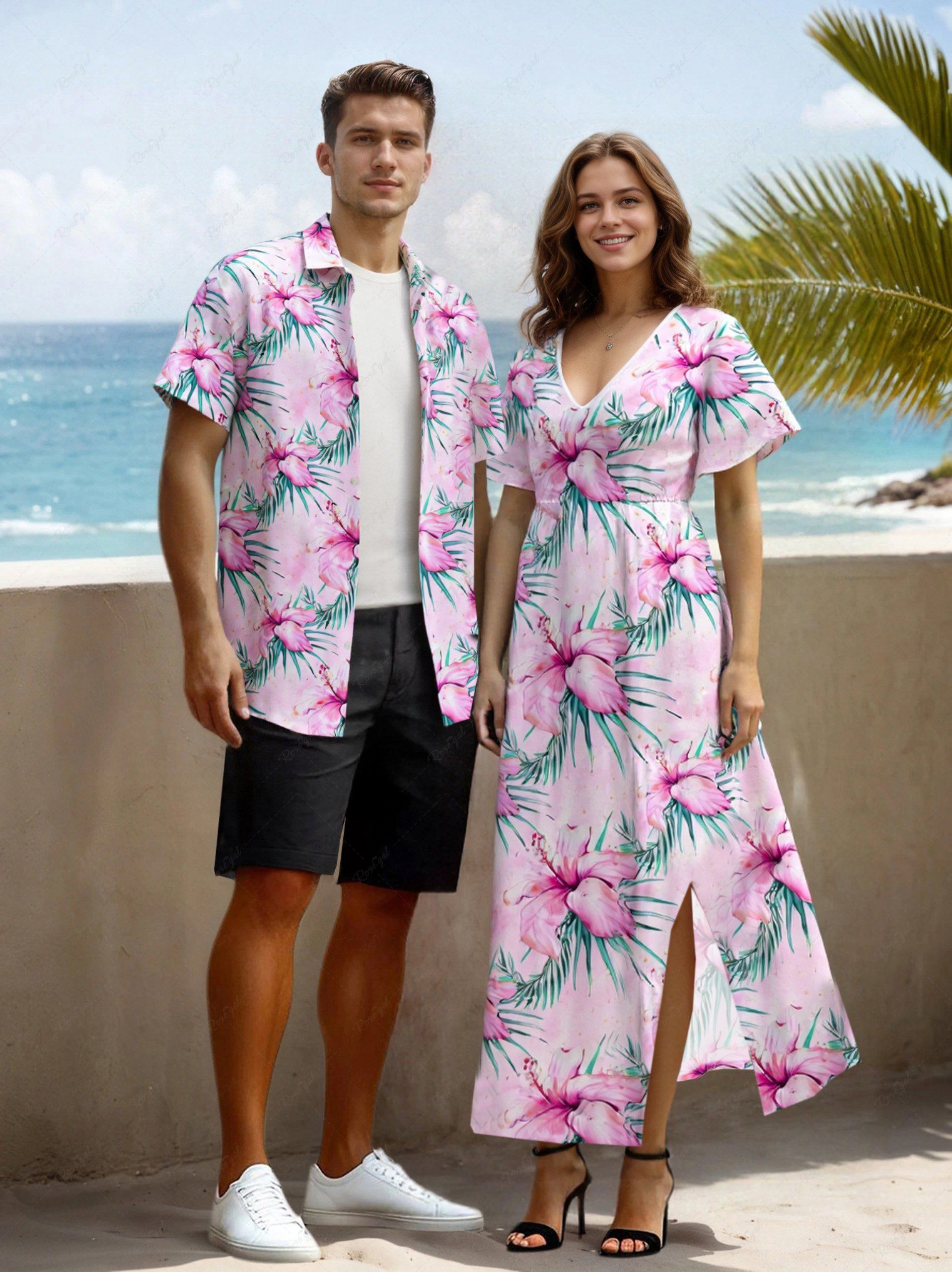 Discount Hibiscus Flowers Tropical Leaf Print Plus Size Matching Hawaii Beach Outfit For Couples  