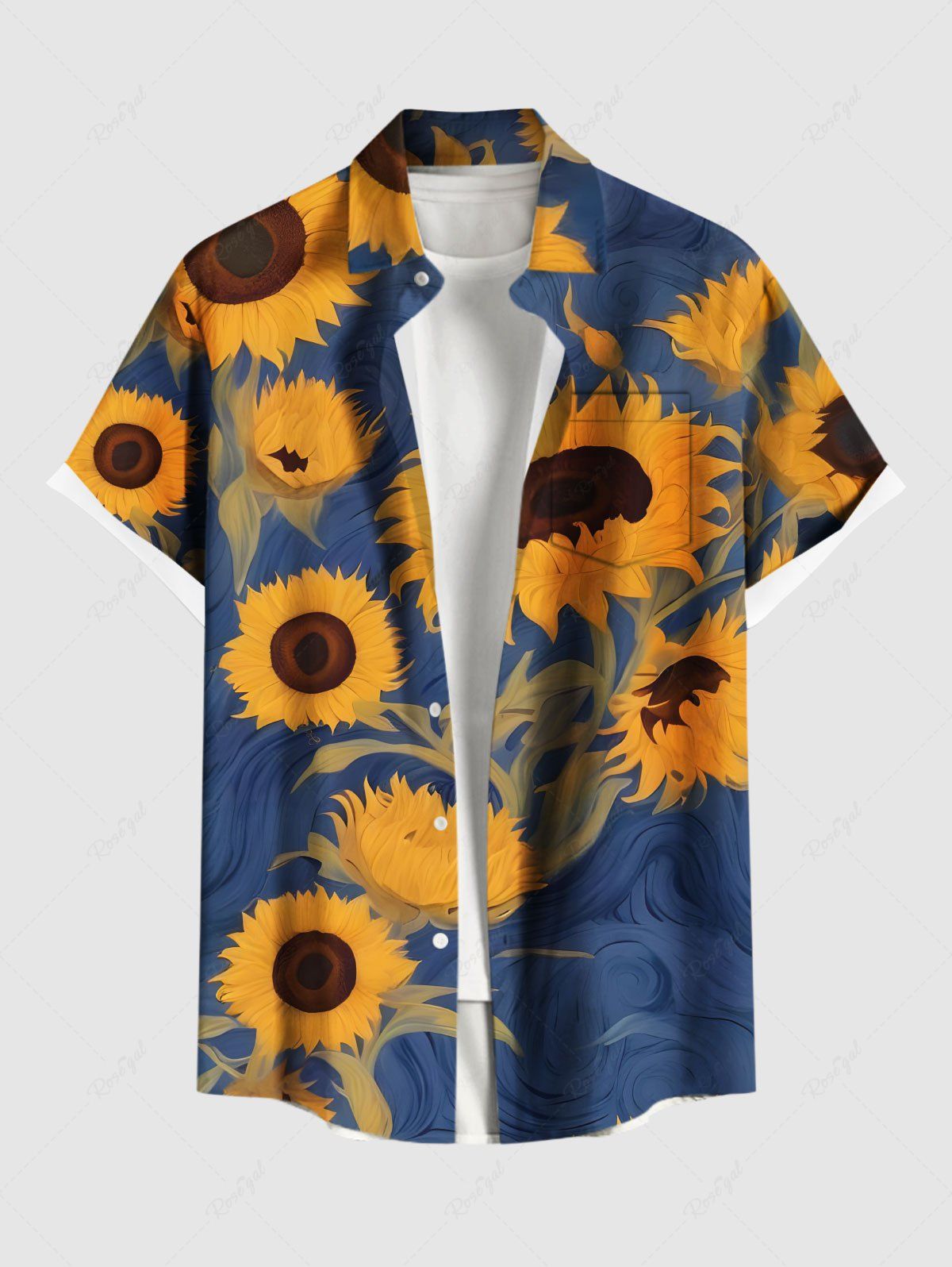 Chemise hawaïenne grande taille à imprimé tournesol et poches boutonnées pour homme Bleu 3XL