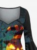 Plus Size Halloween Pumpkin Hat Tree Crow Cross Print Flare Sleeves Ruched High Low Dress -  
