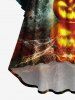 Plus Size Halloween Pumpkin Hat Tree Crow Cross Print Flare Sleeves Ruched High Low Dress -  