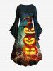 Plus Size Halloween Pumpkin Hat Tree Crow Cross Print Flare Sleeves Ruched High Low Dress -  