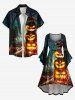 Plus Size Halloween Pumpkin Hat Tree Crow Cross Print Flare Sleeves Ruched High Low Dress -  