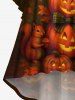 Plus Size Halloween Pumpkin Moon Crow Bowknot Squirrel  Raccoon Print Flare Sleeve Ruched High Low Dress -  