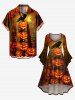 Plus Size Halloween Pumpkin Moon Crow Bowknot Squirrel  Raccoon Print Flare Sleeve Ruched High Low Dress -  