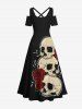 Plus Size Halloween Skulls Rose Flowers Print Cold Shoulder Crisscross Maxi Dress -  