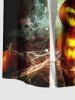 Plus Size Halloween Pumpkin Hat Tree Crow Cross Print Buttons Pocket Shirt For Men -  