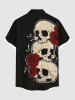 Chemise grande taille à boutons et poches pour homme, motif tête de mort, roses et fleurs d'Halloween - Noir 5XL